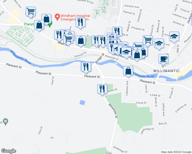 map of restaurants, bars, coffee shops, grocery stores, and more near 376 Pleasant Street in Windham