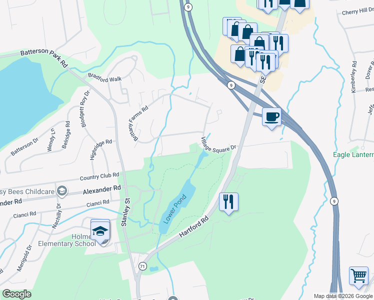 map of restaurants, bars, coffee shops, grocery stores, and more near 44 Brittany Farms Road in New Britain