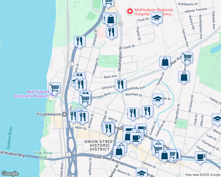 map of restaurants, bars, coffee shops, grocery stores, and more near 60 Gifford Avenue in Poughkeepsie