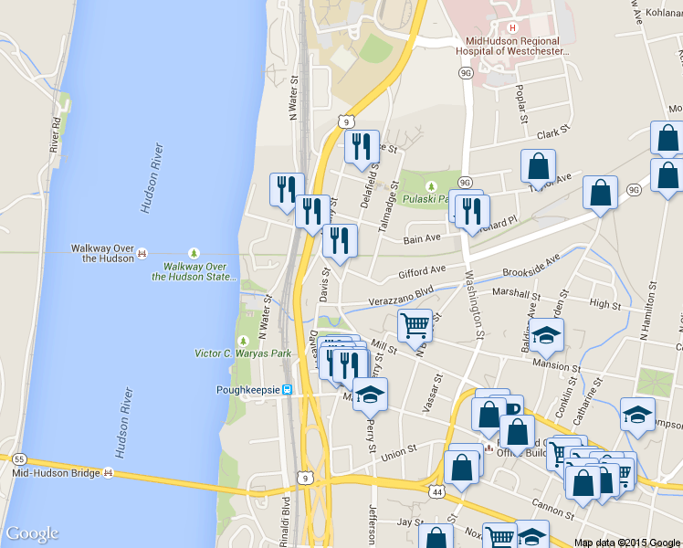 map of restaurants, bars, coffee shops, grocery stores, and more near 22 Delafield Street in Poughkeepsie