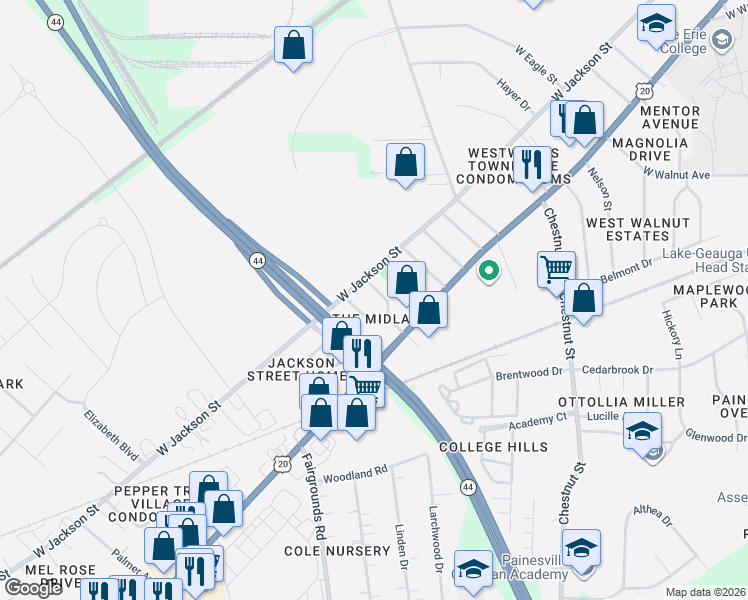 map of restaurants, bars, coffee shops, grocery stores, and more near 106 Lincoln Boulevard in Painesville