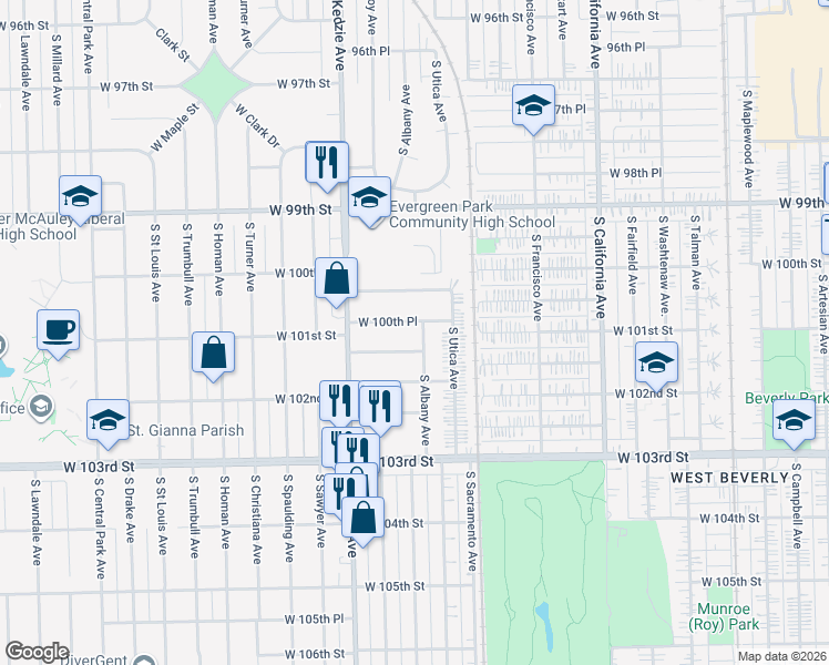map of restaurants, bars, coffee shops, grocery stores, and more near 3104 West 100th Place in Evergreen Park