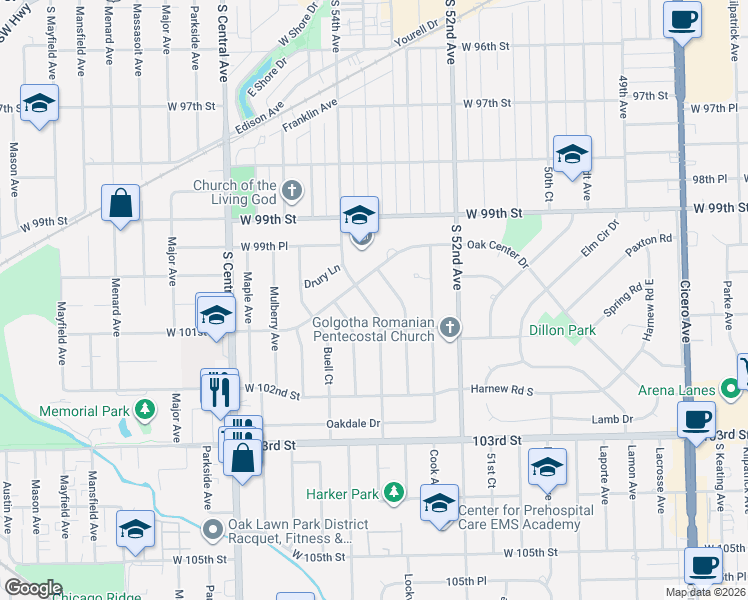 map of restaurants, bars, coffee shops, grocery stores, and more near 5337 Oak Center Drive in Oak Lawn