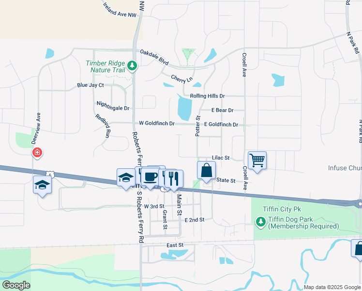 map of restaurants, bars, coffee shops, grocery stores, and more near 475 Lilac Street in Tiffin