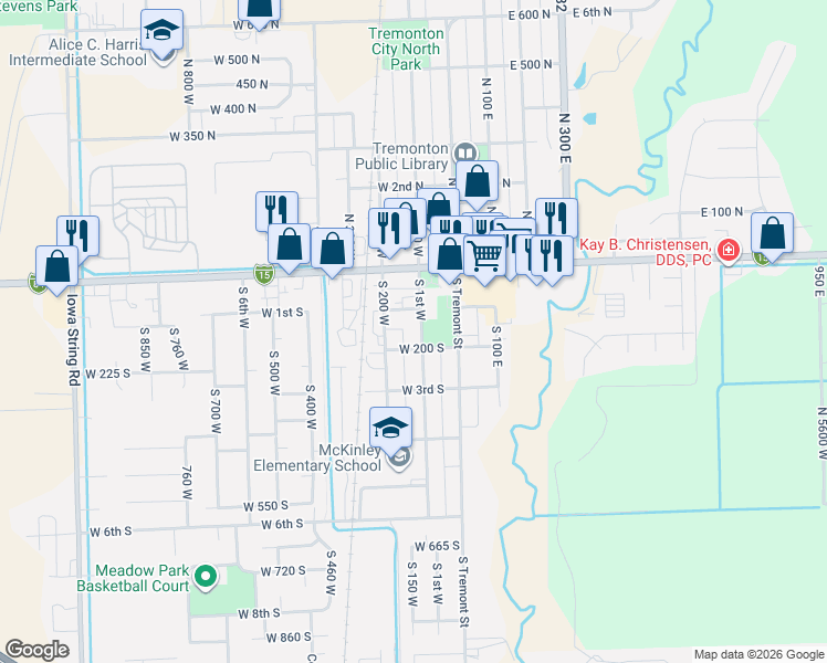 map of restaurants, bars, coffee shops, grocery stores, and more near 144 South 100 East in Tremonton