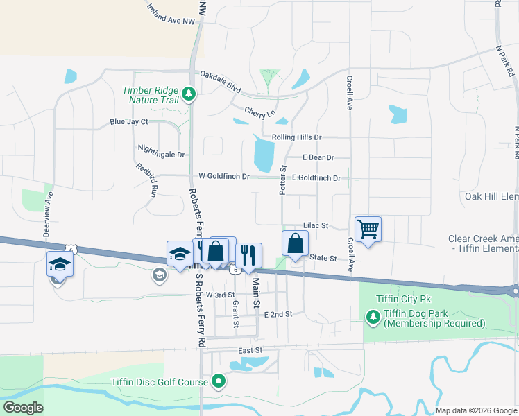 map of restaurants, bars, coffee shops, grocery stores, and more near 475 Lilac Street in Tiffin