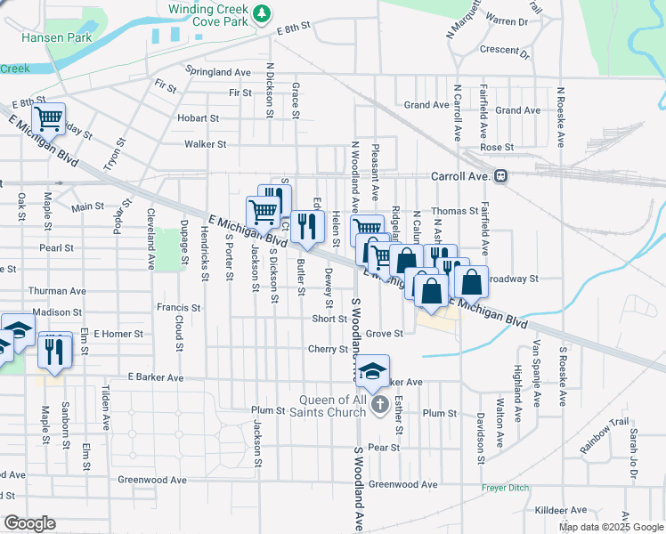 map of restaurants, bars, coffee shops, grocery stores, and more near 1906 East Michigan Boulevard in Michigan City