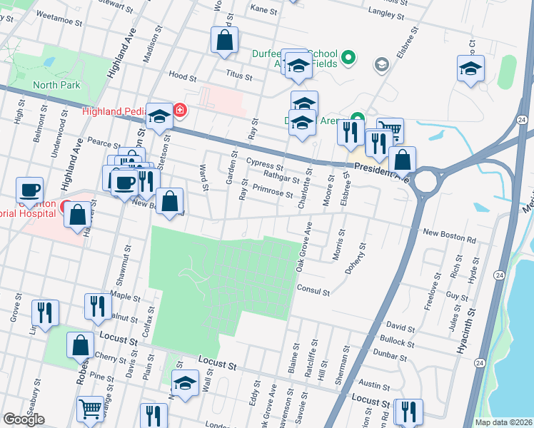 map of restaurants, bars, coffee shops, grocery stores, and more near 678 New Boston Road in Fall River