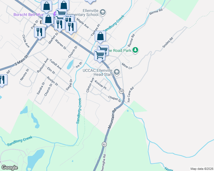 map of restaurants, bars, coffee shops, grocery stores, and more near 181 Center Street in Ellenville
