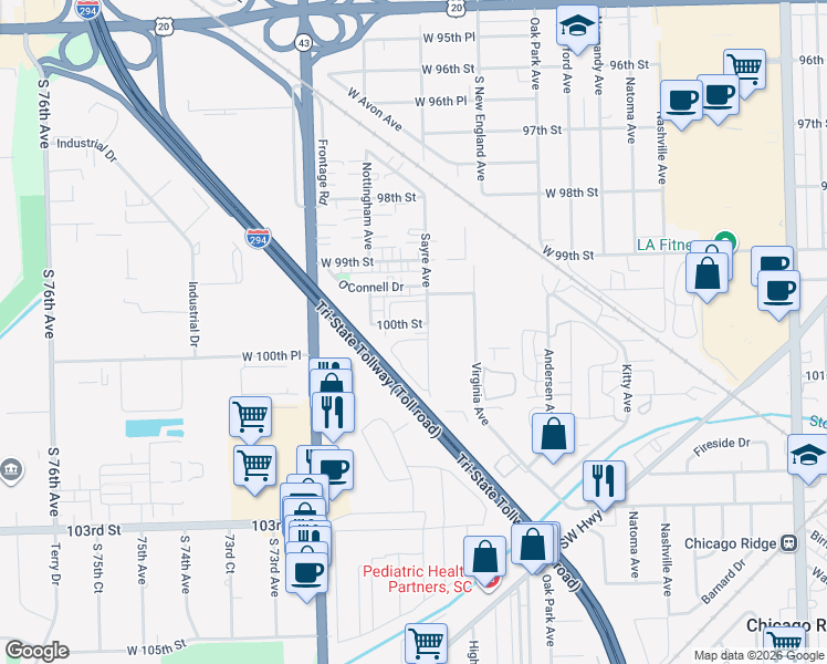 map of restaurants, bars, coffee shops, grocery stores, and more near 7030 100th Street in Chicago Ridge