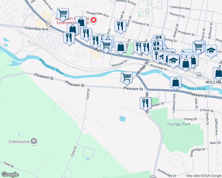 map of restaurants, bars, coffee shops, grocery stores, and more near 489 Pleasant Street in Windham