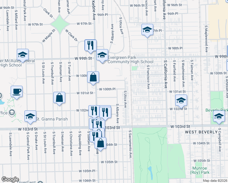 map of restaurants, bars, coffee shops, grocery stores, and more near 3104 West 100th Place in Evergreen Park