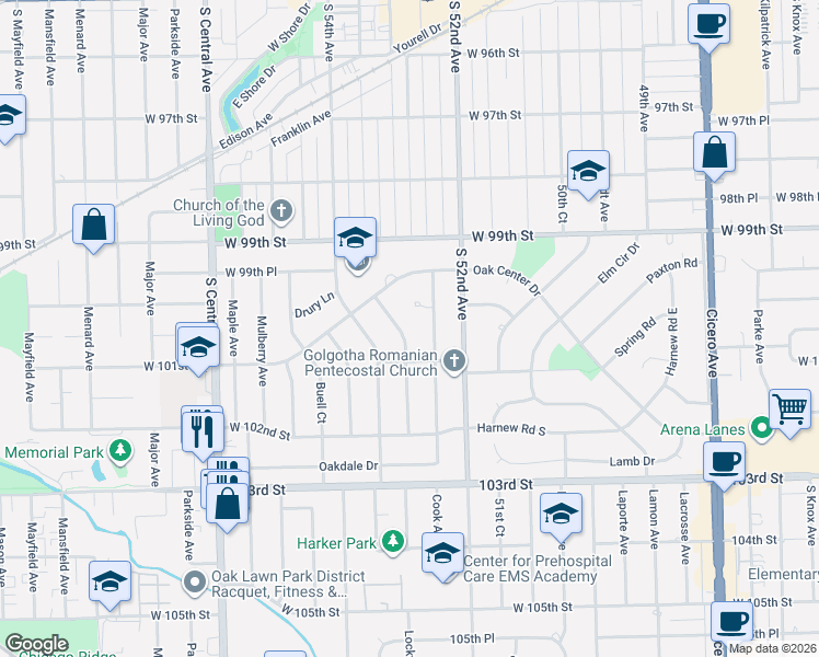 map of restaurants, bars, coffee shops, grocery stores, and more near 10025 South 53rd Avenue in Oak Lawn