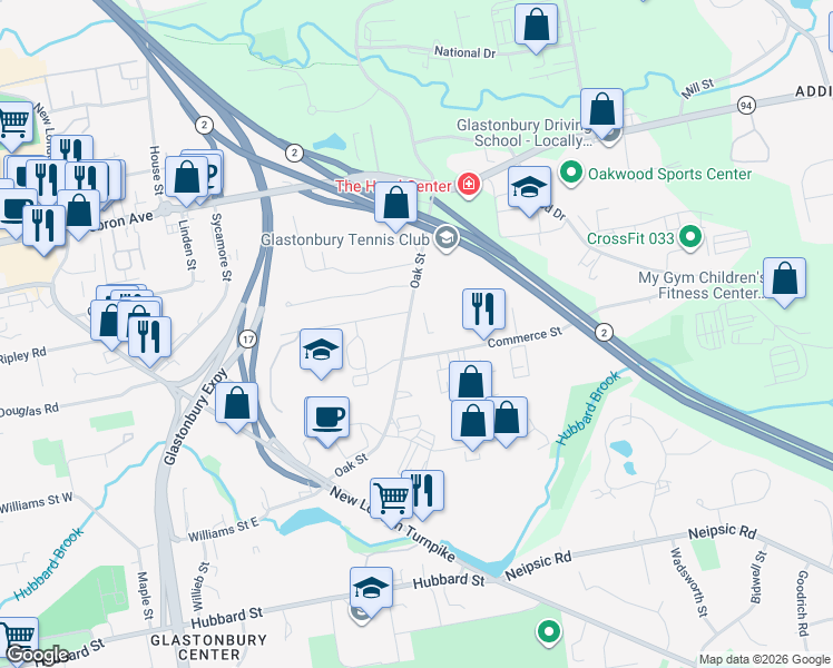 map of restaurants, bars, coffee shops, grocery stores, and more near 148 Oak Street in Glastonbury
