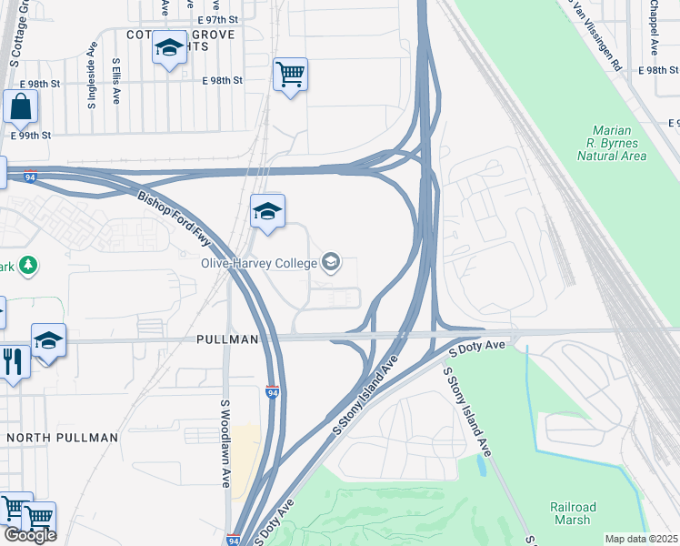 map of restaurants, bars, coffee shops, grocery stores, and more near 10001 South Woodlawn Avenue in Chicago