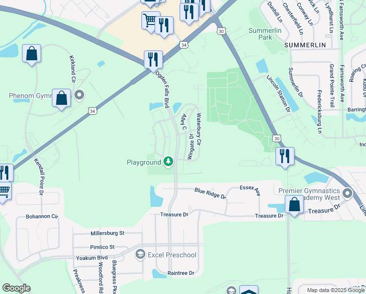 map of restaurants, bars, coffee shops, grocery stores, and more near 335 Ogden Falls Boulevard in Oswego