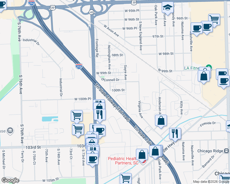 map of restaurants, bars, coffee shops, grocery stores, and more near 7030 100th Street in Chicago Ridge