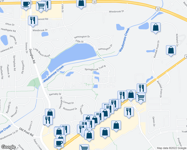 map of restaurants, bars, coffee shops, grocery stores, and more near 223 Springbrook Trail South in Oswego