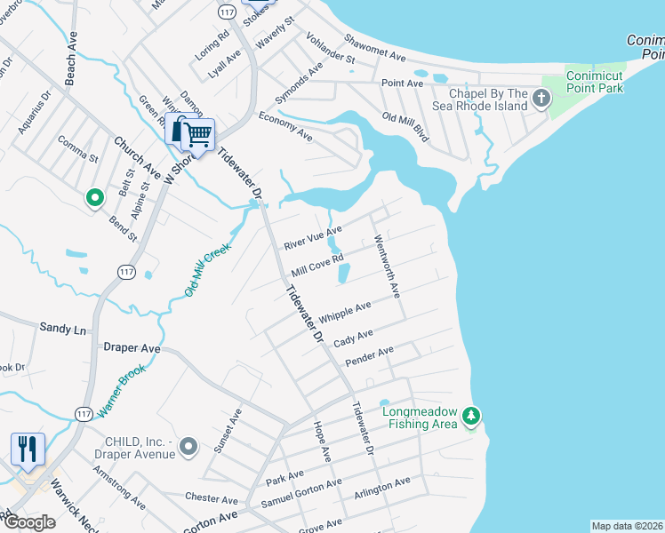 map of restaurants, bars, coffee shops, grocery stores, and more near 147 Mill Cove Road in Warwick