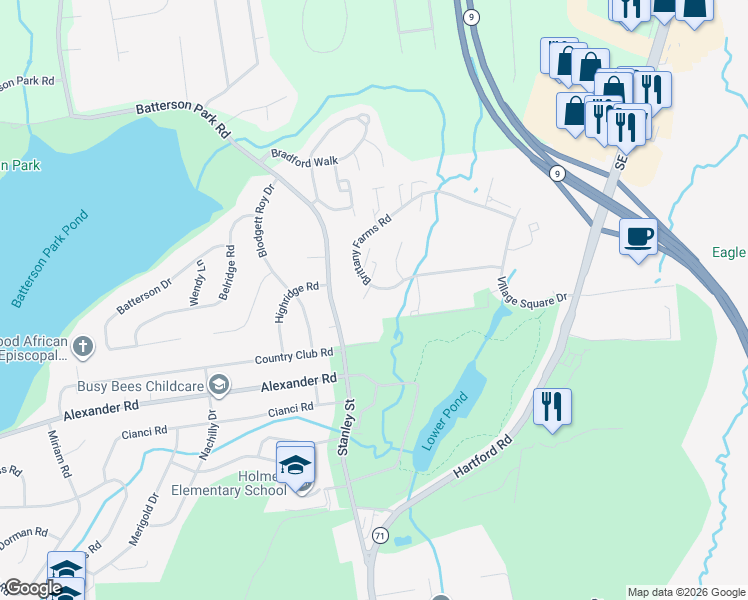 map of restaurants, bars, coffee shops, grocery stores, and more near 135 Brittany Farms Road in New Britain