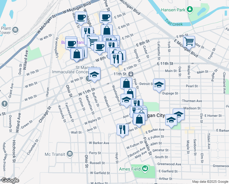 map of restaurants, bars, coffee shops, grocery stores, and more near in Michigan City