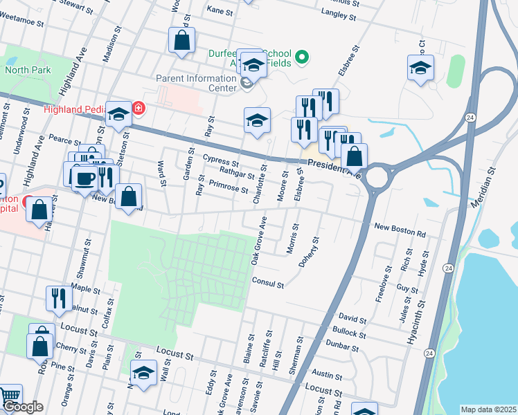 map of restaurants, bars, coffee shops, grocery stores, and more near 40 Charlotte Street in Fall River