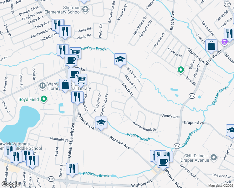 map of restaurants, bars, coffee shops, grocery stores, and more near 4 Ticonderoga Drive in Warwick
