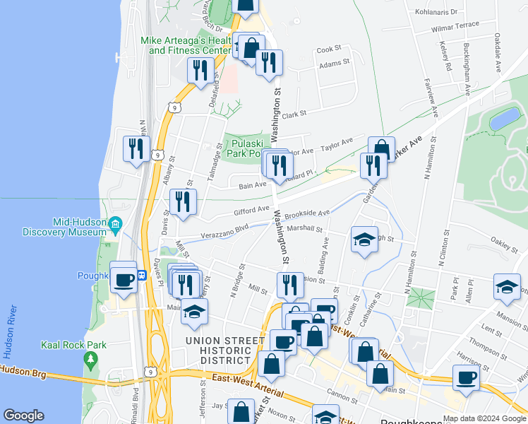 map of restaurants, bars, coffee shops, grocery stores, and more near 60 Gifford Avenue in Poughkeepsie