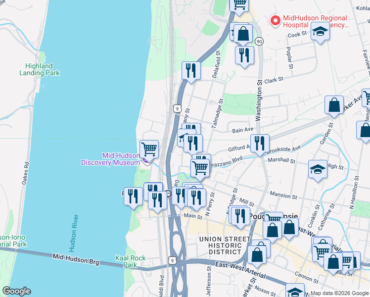 map of restaurants, bars, coffee shops, grocery stores, and more near 40 Albany Street in Poughkeepsie