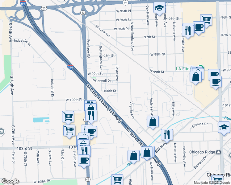 map of restaurants, bars, coffee shops, grocery stores, and more near 6990 100th Street in Chicago Ridge
