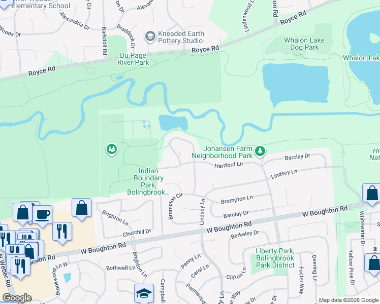 map of restaurants, bars, coffee shops, grocery stores, and more near 486 Springwood Lane in Bolingbrook