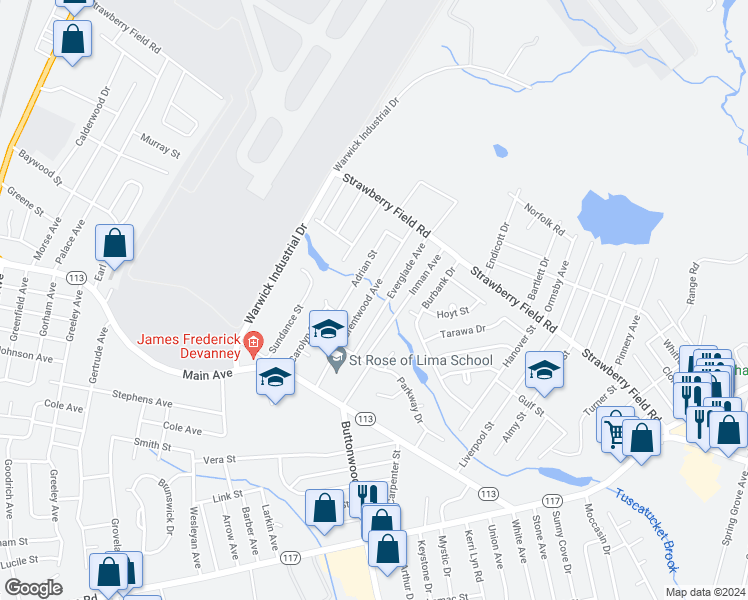 map of restaurants, bars, coffee shops, grocery stores, and more near 100 Brentwood Avenue in Warwick