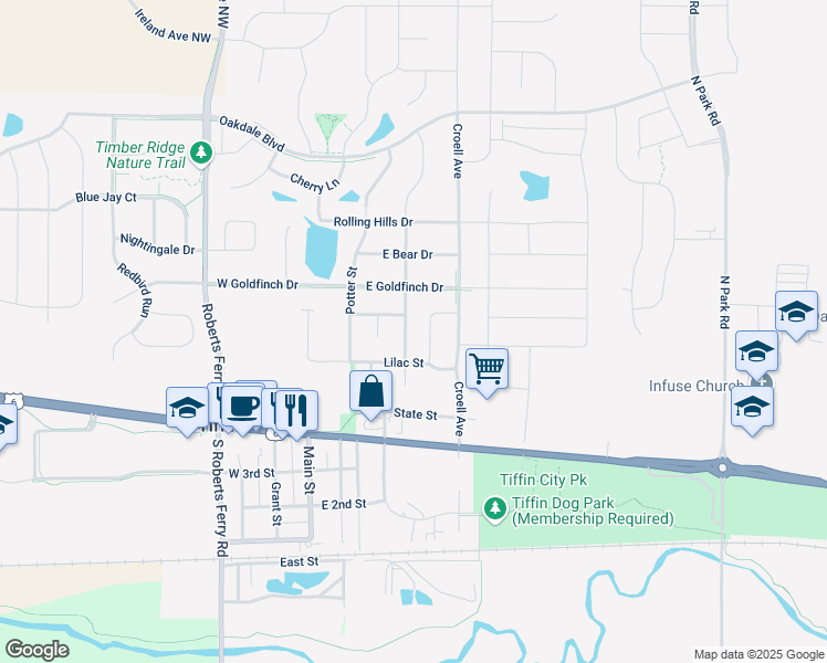 map of restaurants, bars, coffee shops, grocery stores, and more near 546 Iris Avenue in Tiffin