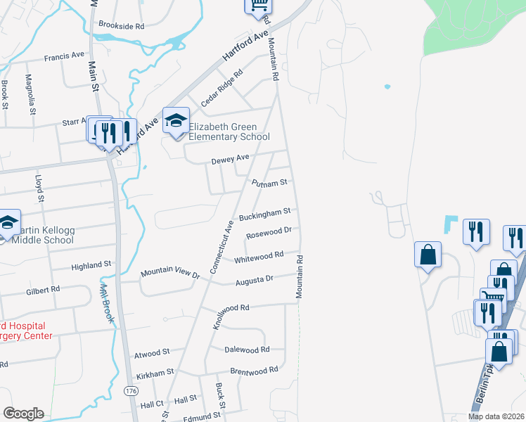 map of restaurants, bars, coffee shops, grocery stores, and more near 26 Commonwealth Avenue in Newington