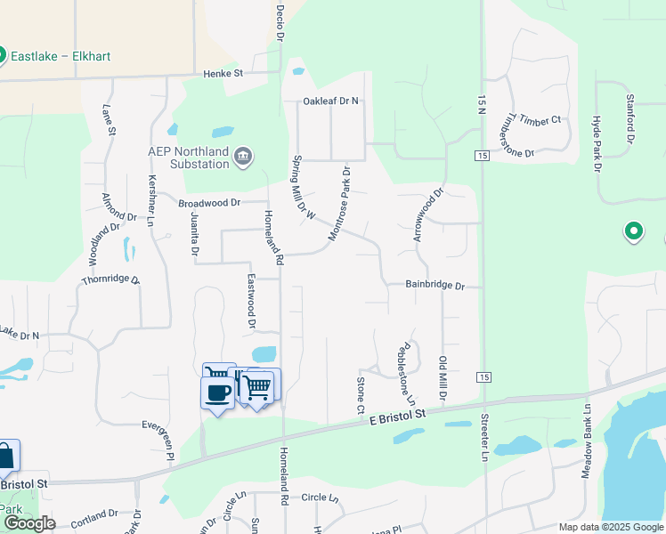 map of restaurants, bars, coffee shops, grocery stores, and more near 23133-23151 Montrose Park Dr S in Elkhart