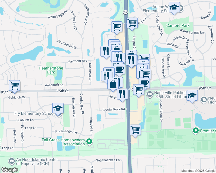 map of restaurants, bars, coffee shops, grocery stores, and more near 95TH Villa Avenue in Naperville