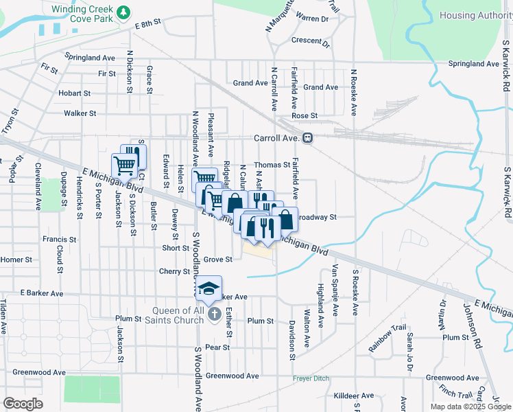 map of restaurants, bars, coffee shops, grocery stores, and more near 144 North Ashland Avenue in Michigan City