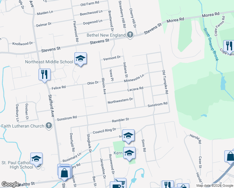 map of restaurants, bars, coffee shops, grocery stores, and more near 45 Lacava Road in Bristol