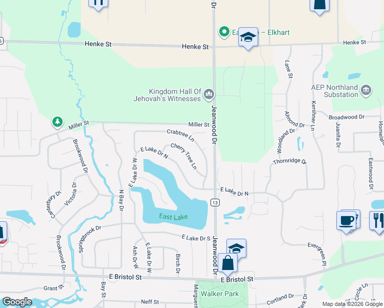 map of restaurants, bars, coffee shops, grocery stores, and more near 1747 Crabtree Ln in Elkhart