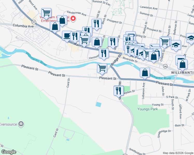 map of restaurants, bars, coffee shops, grocery stores, and more near 489 Pleasant Street in Windham