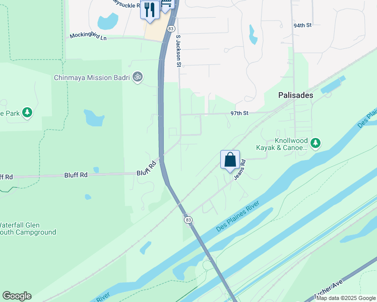 map of restaurants, bars, coffee shops, grocery stores, and more near 16W331 South Jackson Street in Burr Ridge