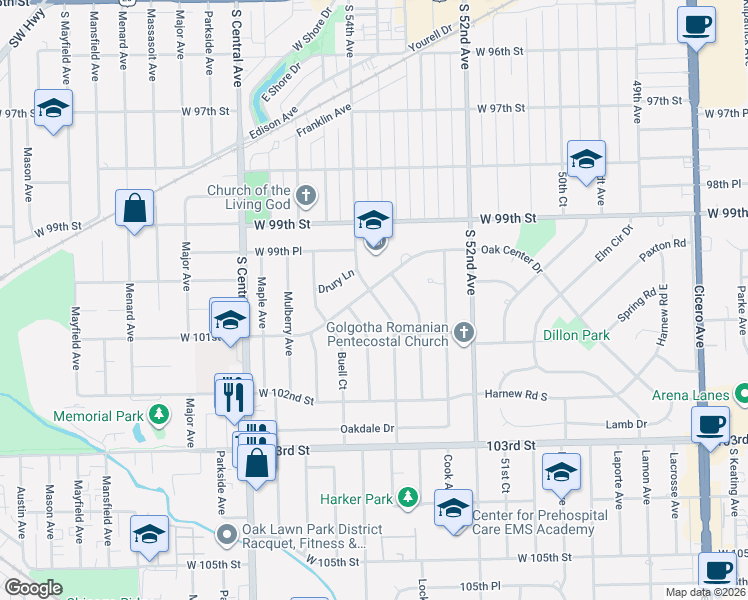 map of restaurants, bars, coffee shops, grocery stores, and more near 5337 Oak Center Drive in Oak Lawn