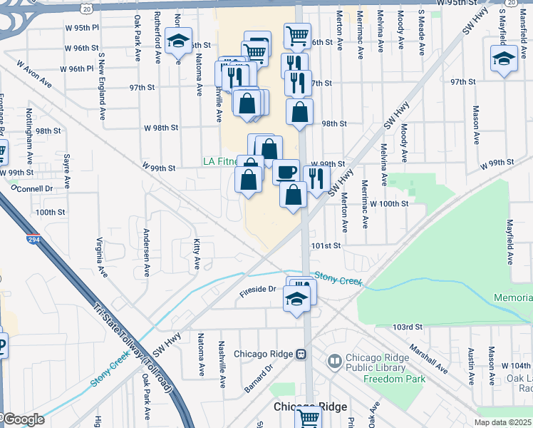 map of restaurants, bars, coffee shops, grocery stores, and more near 9900 South Ridgeland Avenue in Chicago Ridge