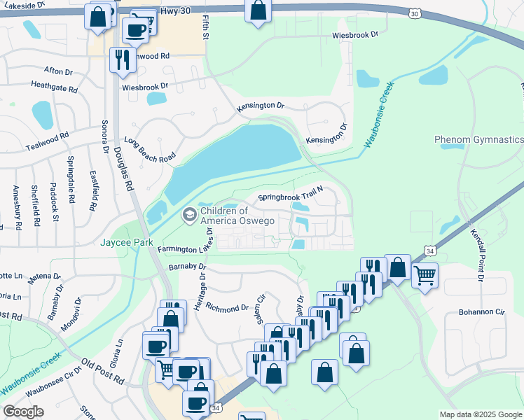map of restaurants, bars, coffee shops, grocery stores, and more near 2003 Farmington Lakes Drive in Oswego