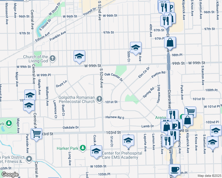 map of restaurants, bars, coffee shops, grocery stores, and more near 10010 Harnew Road East in Oak Lawn