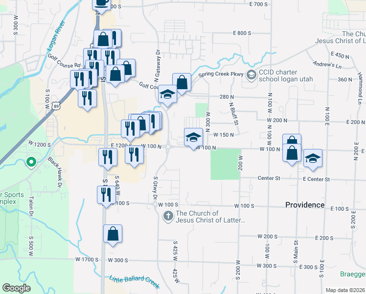 map of restaurants, bars, coffee shops, grocery stores, and more near 370 West 100 North in Providence