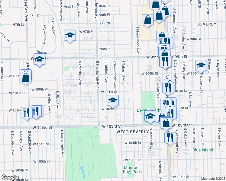 map of restaurants, bars, coffee shops, grocery stores, and more near 10045 South Fairfield Avenue in Chicago