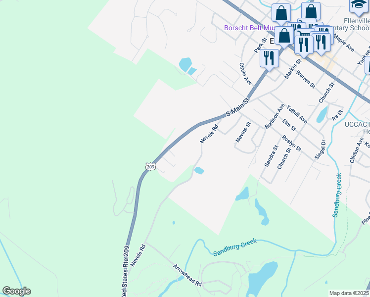 map of restaurants, bars, coffee shops, grocery stores, and more near 200 South Main Street in Ellenville