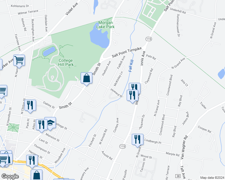 map of restaurants, bars, coffee shops, grocery stores, and more near 2 McKinley Lane in Poughkeepsie