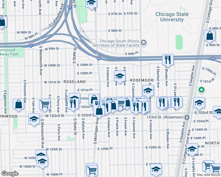 map of restaurants, bars, coffee shops, grocery stores, and more near 10125 South Indiana Avenue in Chicago